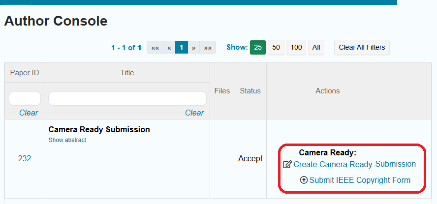 Author Console camera-ready actions: Create Camera Ready Submission and Submit IEEE Copyright Form
