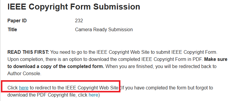 IEEE Copyright Form Submission page linking to the IEEE Copyright Web Site