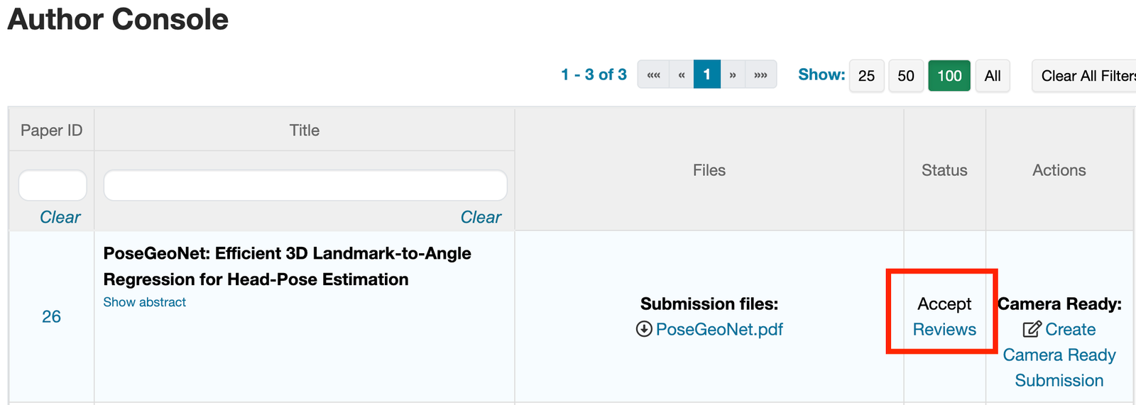 Author Console showing an accepted paper with links to Reviews and Create Camera Ready Submission